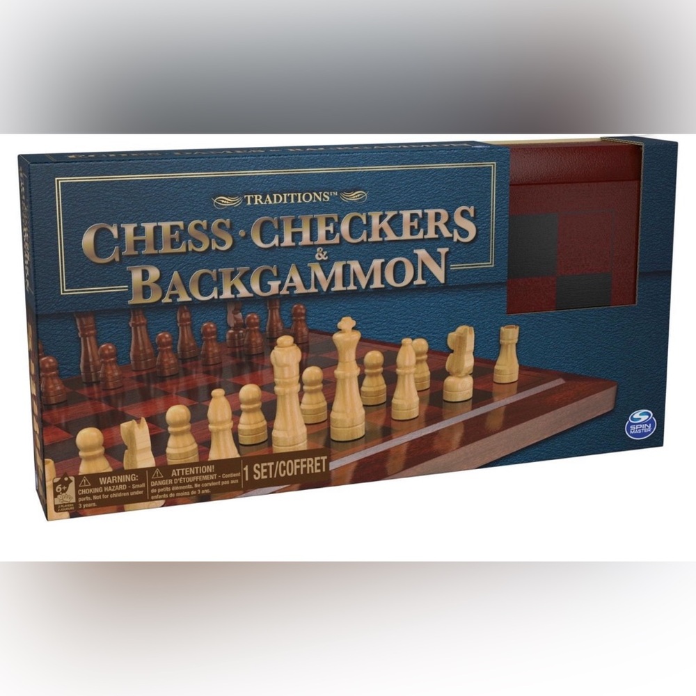 Chess Checkers Backgammon Set with Wooden Storage Case, Wooden 3 game set